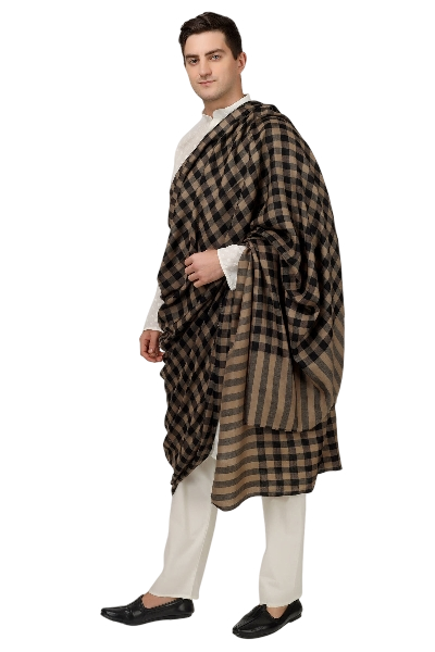 Mens Pashmina big check natural and black design shawl