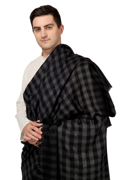 Black and gray Mens Pashmina shawl checked design