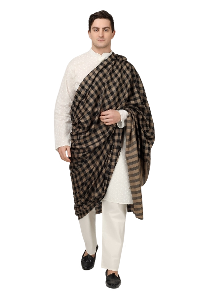 Mens Pashmina big check natural and black design shawl