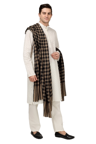 Mens Pashmina big check natural and black design shawl